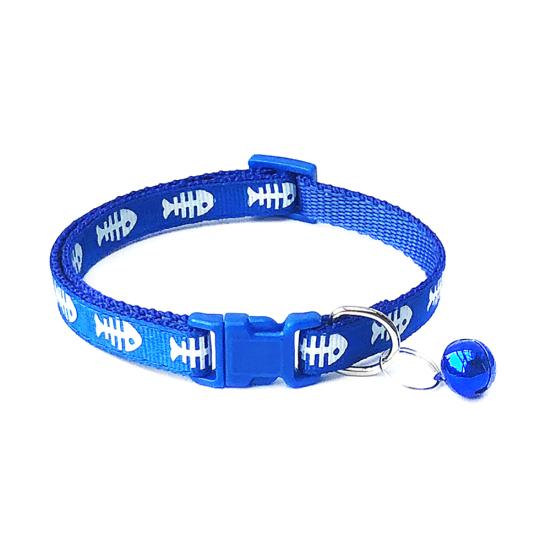 Pets Dog Cat Fish Bone Print Bell Buckle Adjustable Collar Necklace Neck Strap