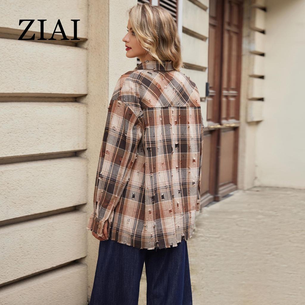 ZIAI Women Plaid Shirt Checked Coat Hollowed Out Broken Hole Design Lapel Button Fashion Style Loose Top Chic Blouses Shirts ZS-30238