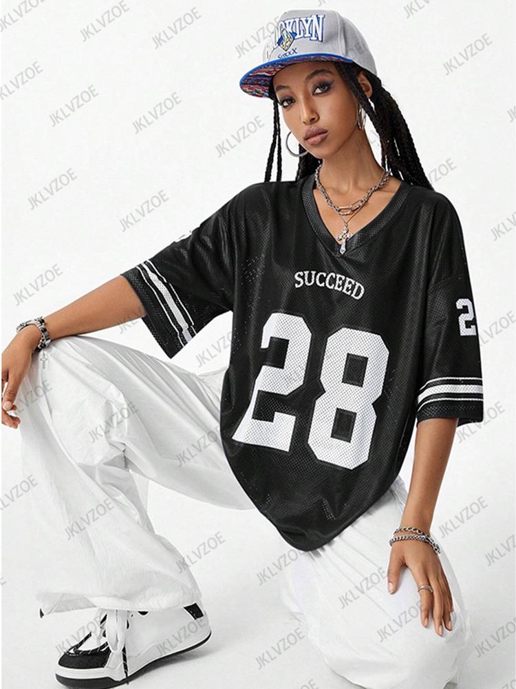 2025 Summer New Blue Succeed Print T-Shirt For Women V-Neck Short Sleeve Sports Football Jersey Y2K Casual Loose Oversized Tops