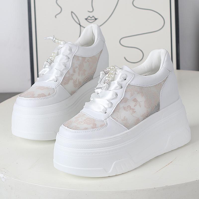 Fashion 12CM Air Mesh Genuine Leather Loafer Platform Wedge Flats Comfy Chunky Sneaker Hollow Women Sandals Vulcanize Summer Shoes