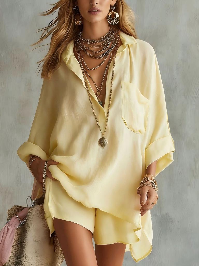 2026 Cross-border Europe and America Summer New Women's Fashion Cotton Linen Pockets Beach Shorts Shirt Set