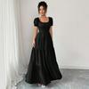 European and American style French square neck dress for women, bubble sleeves closed waist and thin layered large pendulum long A-shaped skirt