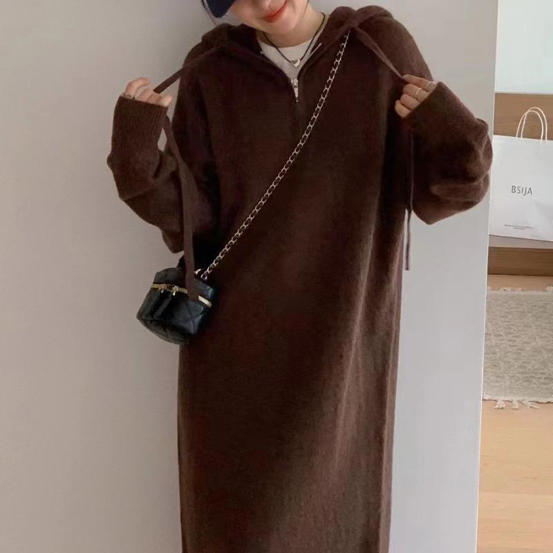Hooded zipper sweater skirt women's autumn and winter new loose lazy casual thick knitted dress