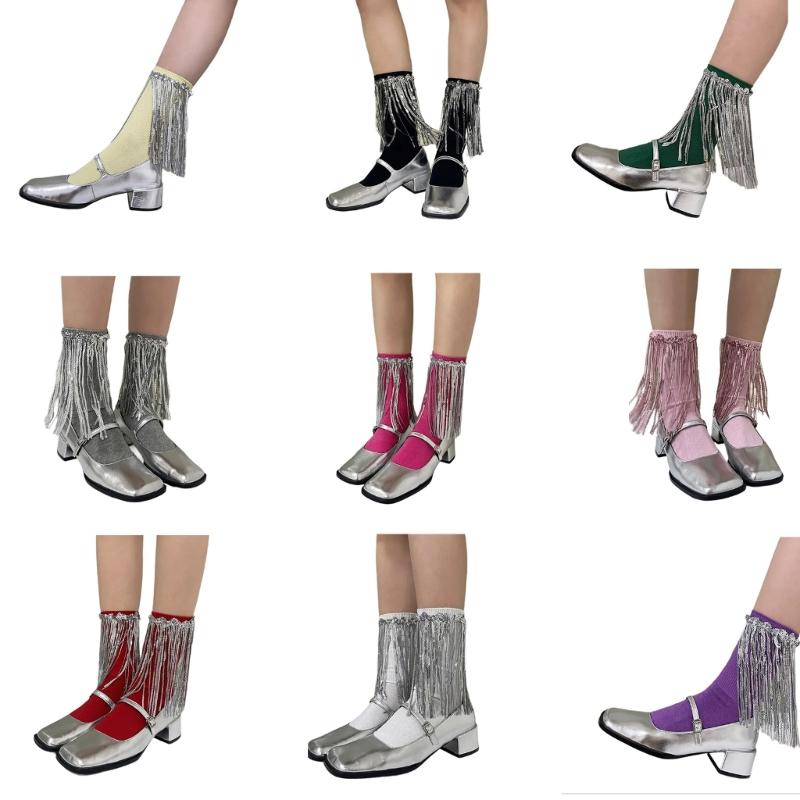 Womens Harajuku Sequins Tassels Decorative Trim Calf Sock 90s Solid Rib Middle Tube Sock Nightclub Party Stockings