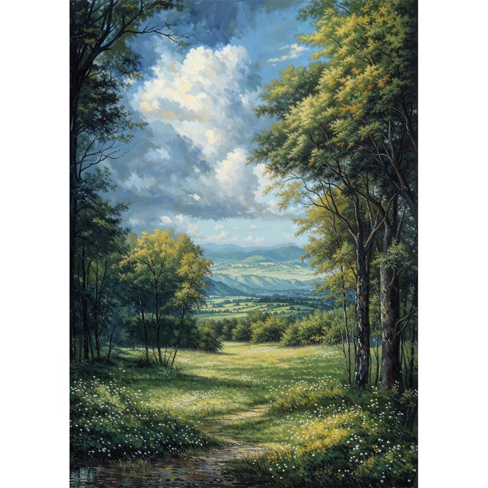 Cabana na Montanha Vista do Vale Caminho de Outono Prado de Verão Floresta de Árvores Nuvem Pôster Pintura em Tela Impressão para Sala de Estar Decoração de Casa
