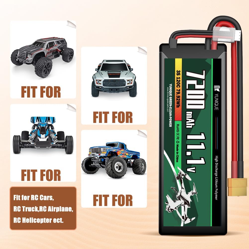 Lipo Battery 3S 11.1V 7200mAh 120C with XT90 Connector – High Power for RC Models – Hard Case, Silicone Wire