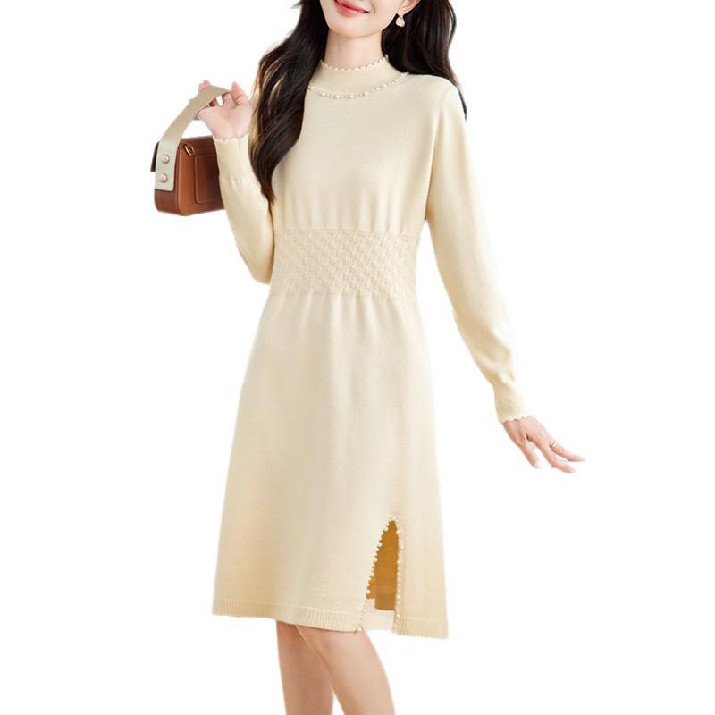 Beaded Knit Slit Sweater Dress – Slimming Waist, Mid-Length for Autumn/Winter