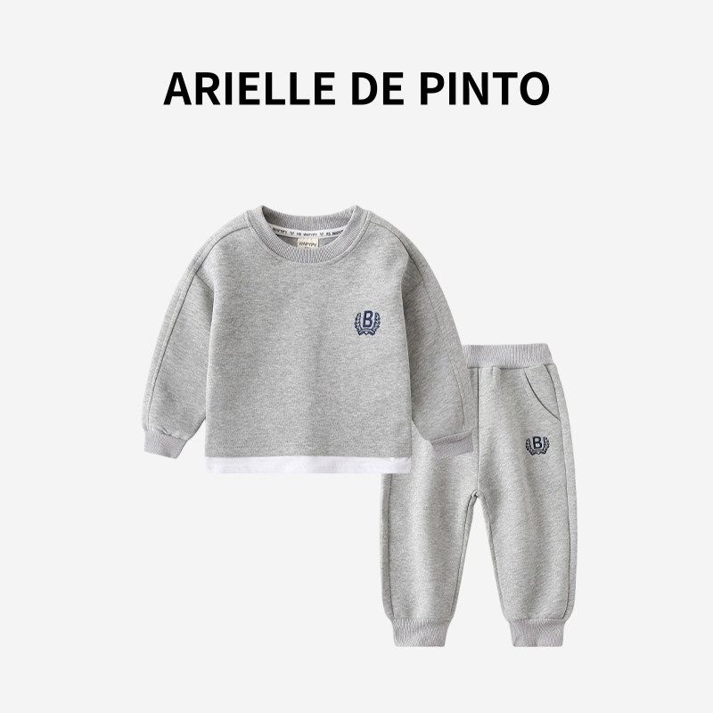 French Arielle De Pinto Boys  Suit Spring and Autumn Korean Style Sports Fake Two-Piece Sweatshirt Suit Gray (Fake Two-Piece Suit) 110cm