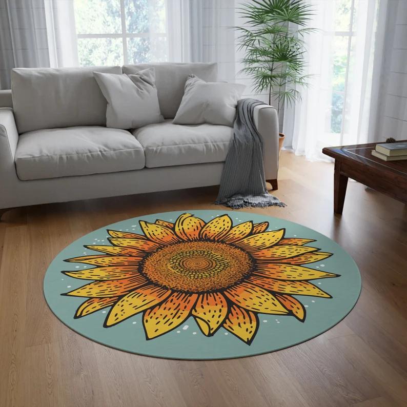 Sunflower Round Carpet Colorful Sunrise Floral Rug Boho Home Decor Water-absorbing Anti Slip Floormat for Living Room Decor