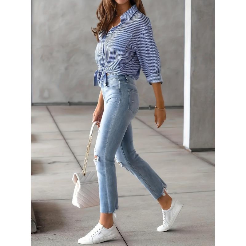 Women's Fashion Casual Spring Fall Stripe Print Long Sleeve POLO Neck Blouses & Shirts