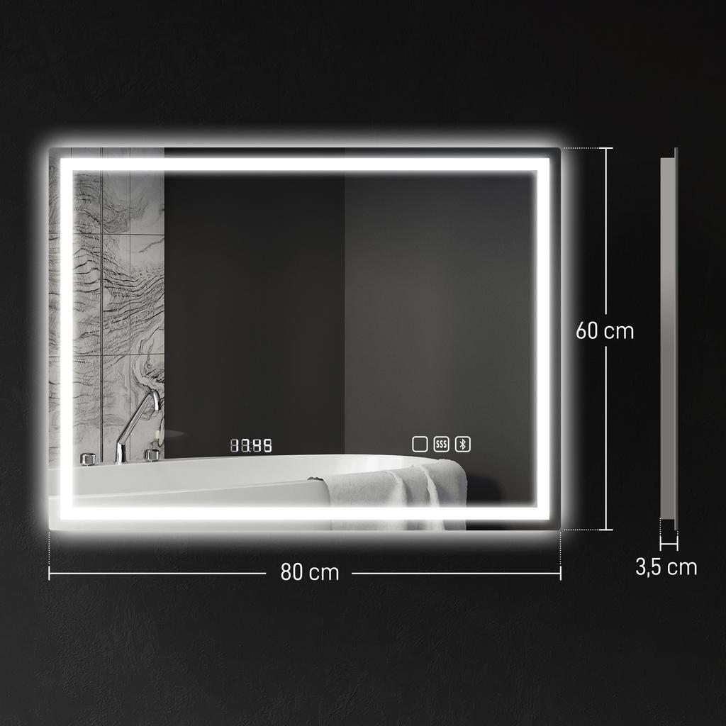 Bathroom Mirror with LED Lighting, Anti-Fog Pad, 3 Adjustable Colors, Clock, 600 x 800 mm, Silver