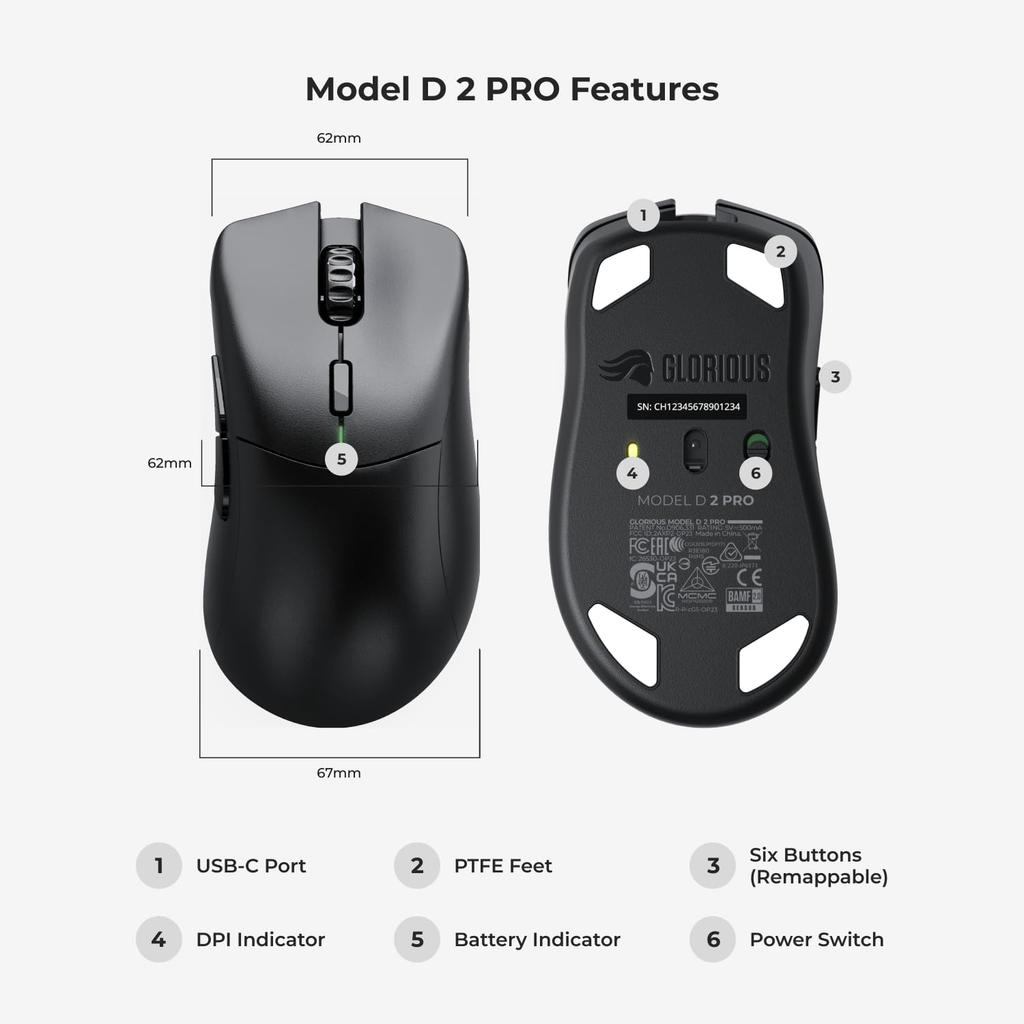 Glorious MODEL D 2 PRO Ultra-Lightweight 60g, High-Durability 2.4G Wireless and Wired Ergonomic Gaming Mouse, Black (GLO-MS-PDWV2-1K-B MS696)