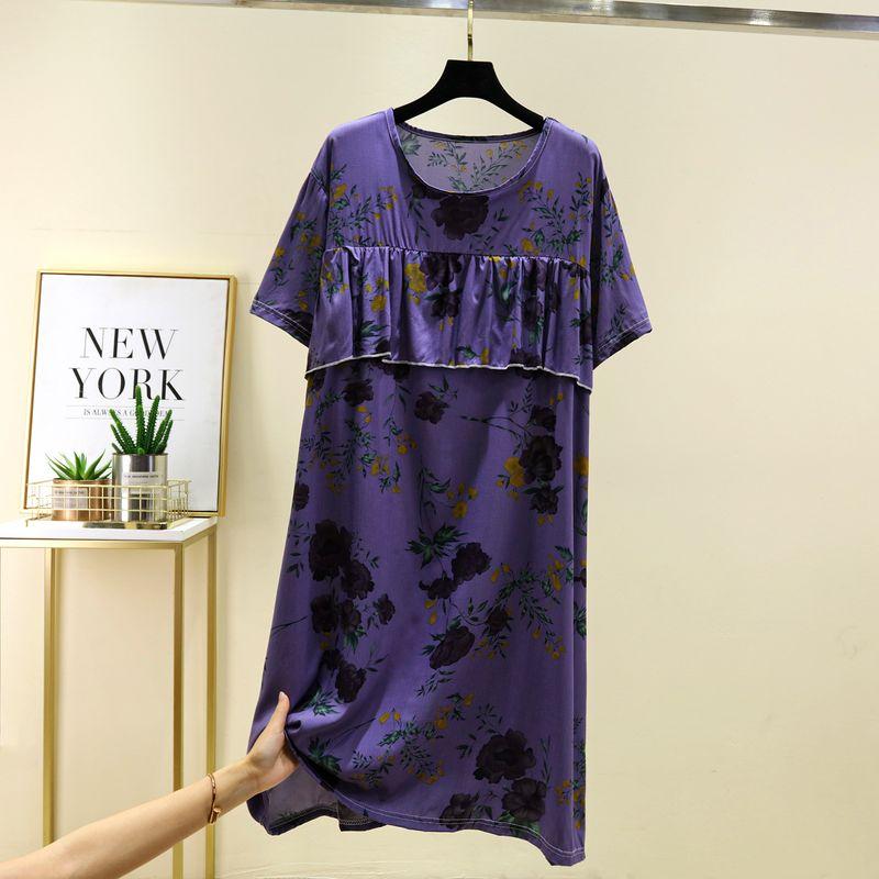 Bourette Short sleeve Dress Women Summer Thin Waist Hugging Home Dress Mid-Length A- line Skirt Artificial Cotton Loose Nightdress