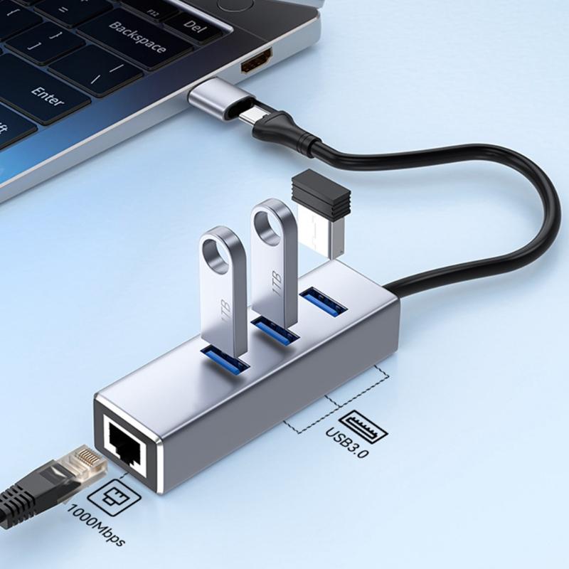 Aluminum Alloy USB C to RJ45 Networking Adapter With USB A Port And 3 USB Hubs Fast Speed 1000Mbps Ethernet Connection