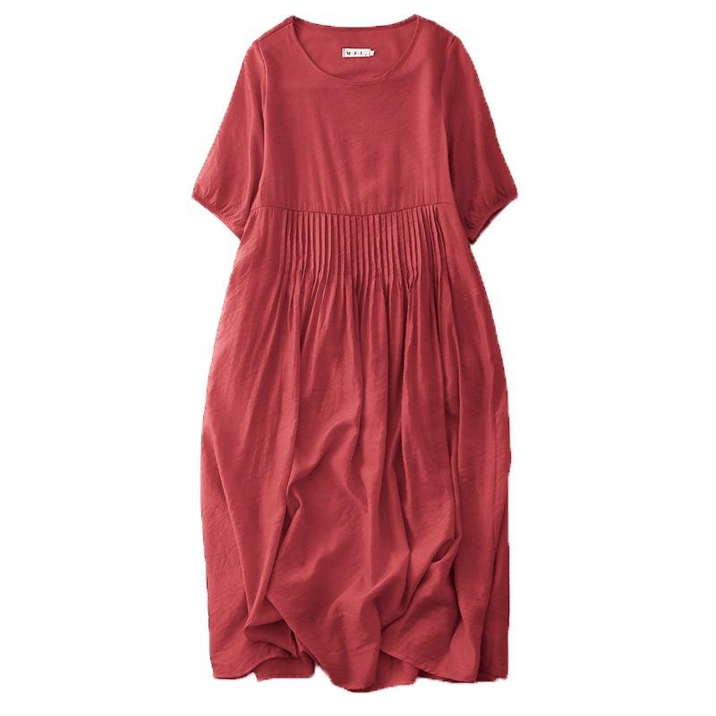 Retro Solid Color Cotton and Linen Dress Women's 2025 Spring and Summer New Loose and Thin Round Neck Five-quarter Sleeve Long Dress