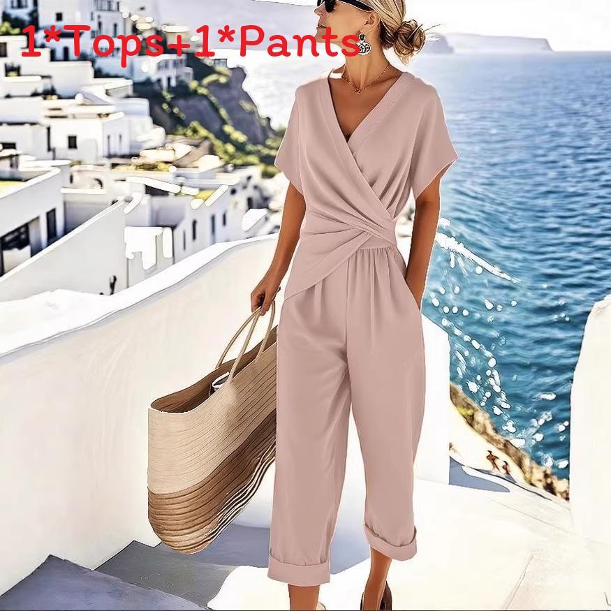 Traje de Verano para Mujer de Color Puro con Mangas Cortas Irregulares y Pantalones Plisados para Uso Casual