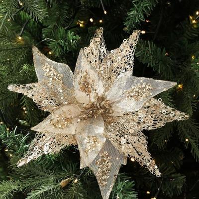Large Artificial Poinsettia Flower Glitter Sparkling Christmas Glitter Flower Sequins DIY Christmas Flower Wedding Decoration