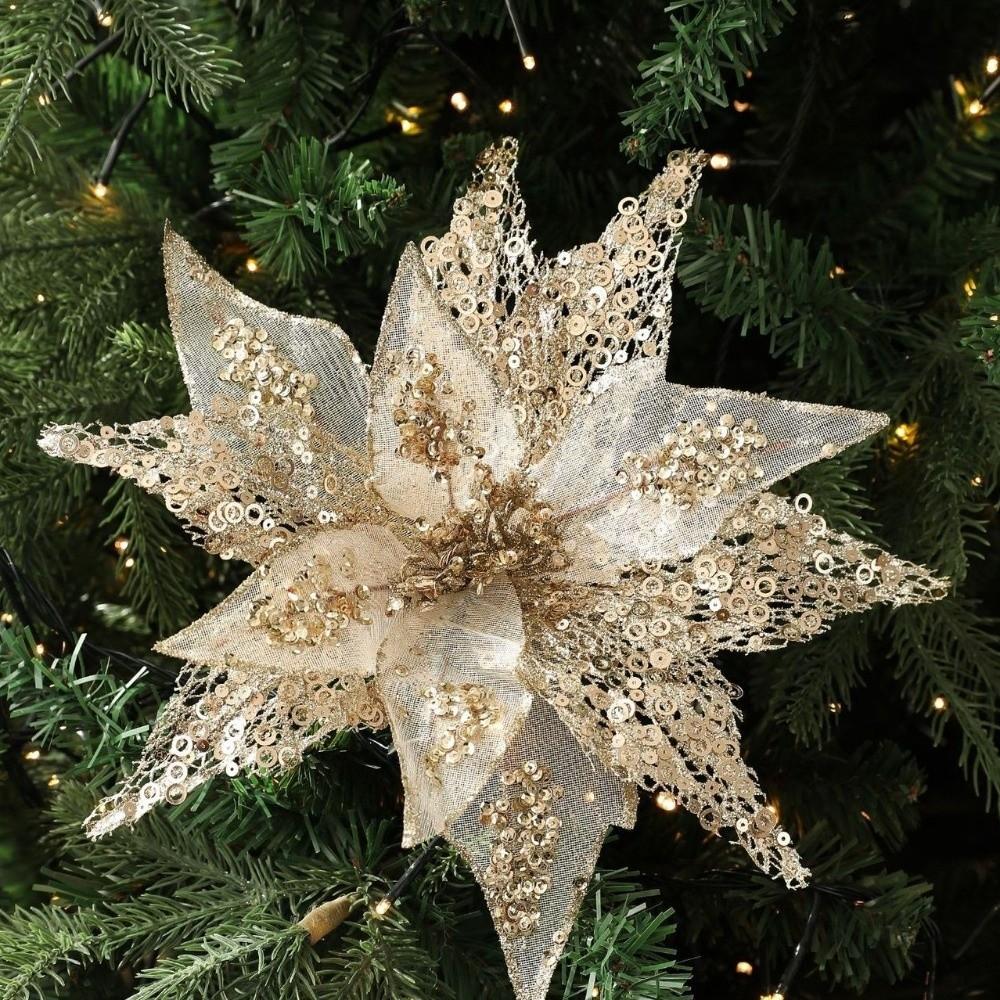 New Large Artificial Poinsettia Flower Sequins Glitter Christmas Glitter Flower Sparkling Simulation Flowers Wedding Decoration