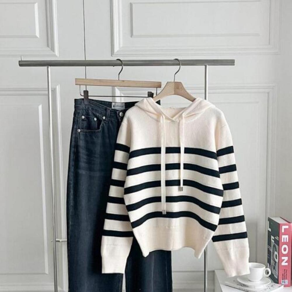 New Arrivals Open Run Women Stripe Hood Strap Basic Casual Knit