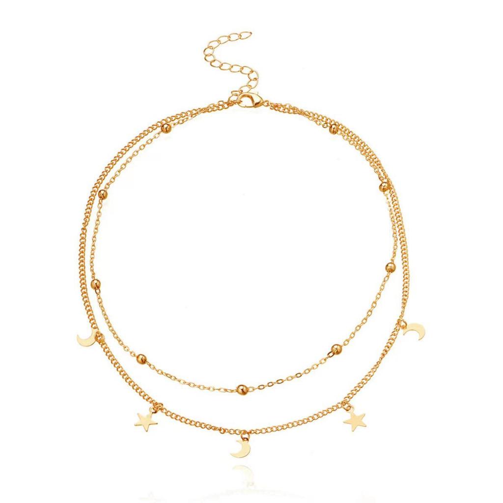 Stainless Steel Bohemian Star & Moon Double Layer Tassel Chain Necklace