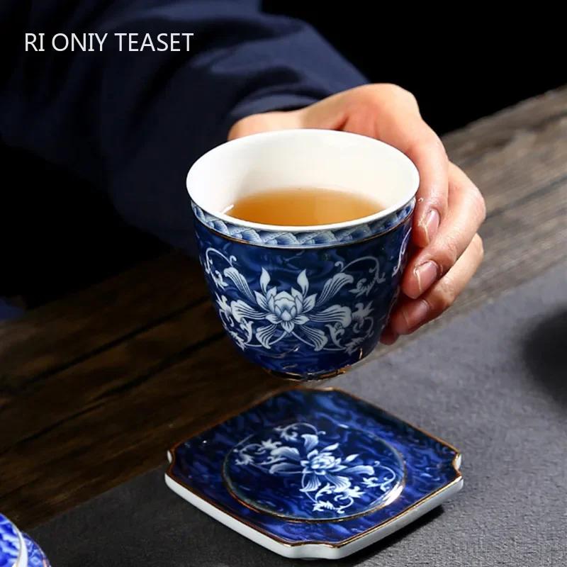 Mavi ve Beyaz Porselen Çay Fincanı El Boyaması Seramik Çay Kasesi Çin El Yapımı Çay Fincanı Çay Seti Aksesuarları Seyahat Usta Fincan