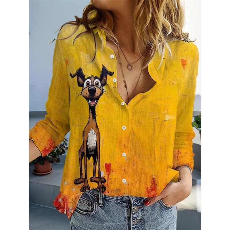 Camicia Casual da Donna con Revers Ampio, Camicia Casual con Stampa di Cane Carino, Abbigliamento Elegante da Donna, Camicia da Casa a Maniche Lunghe