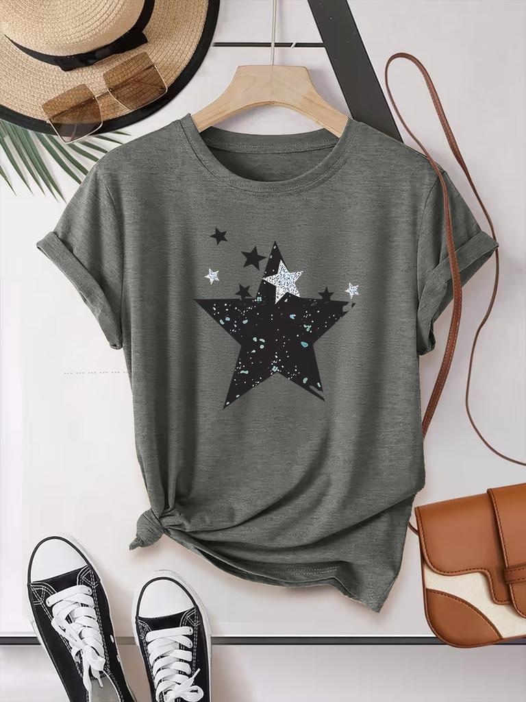 Summer Short-sleeved Star-shaped Printed Fashionable Street All-match Casual Sports Top Round Neck