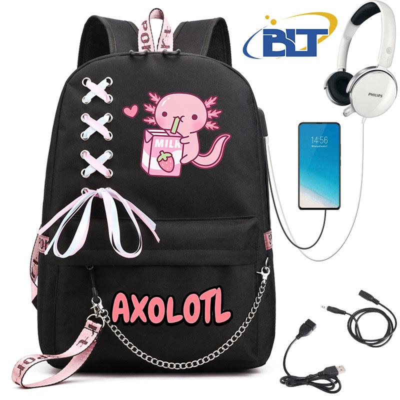 Cute Axolotl Printed Student Schoolbag for Girls Black Backpack Usb Kids Casual Bag Back To School Gift