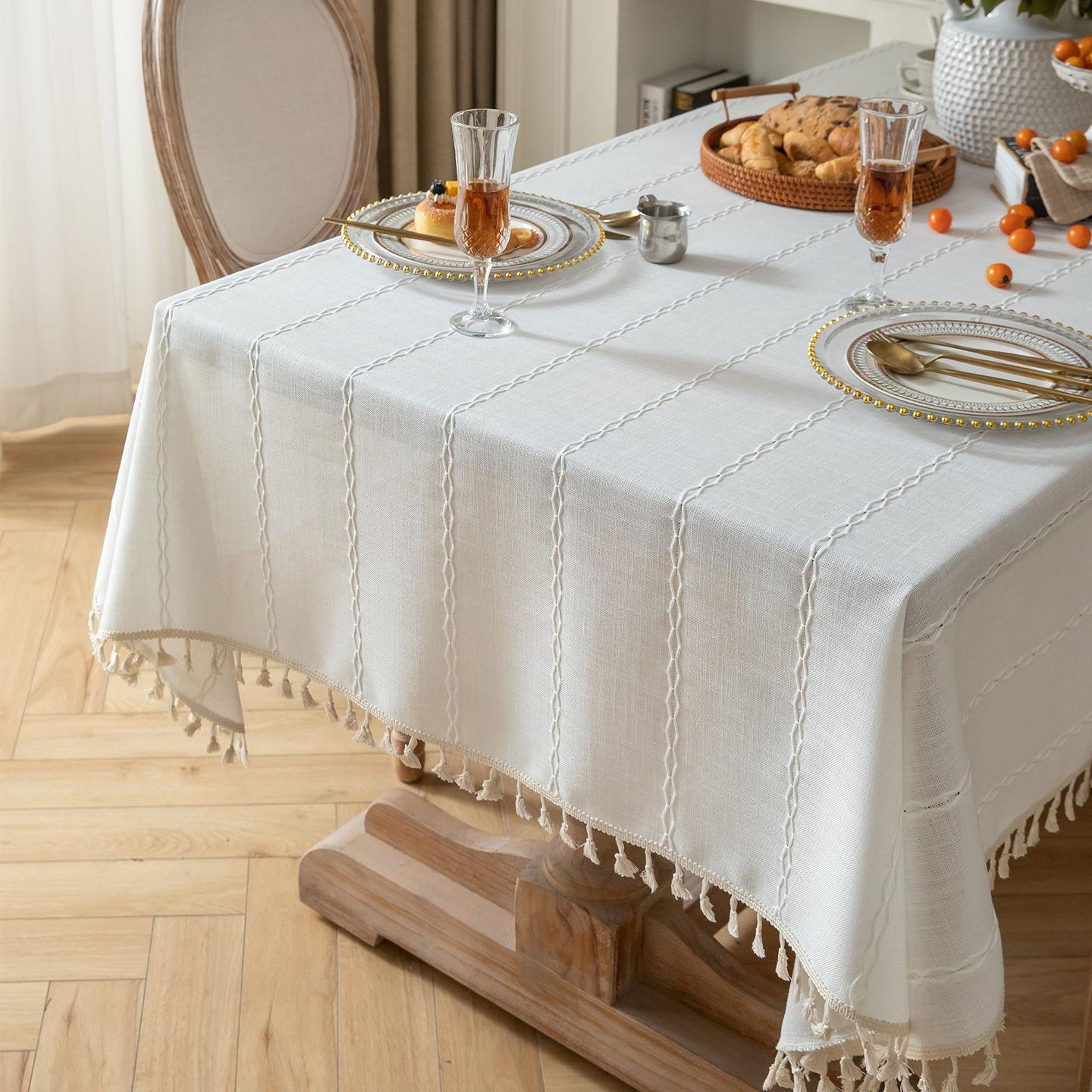 Thick Solid Color Fringe Linen Cotton Tablecloth White Plain Table Cover 90*90cm