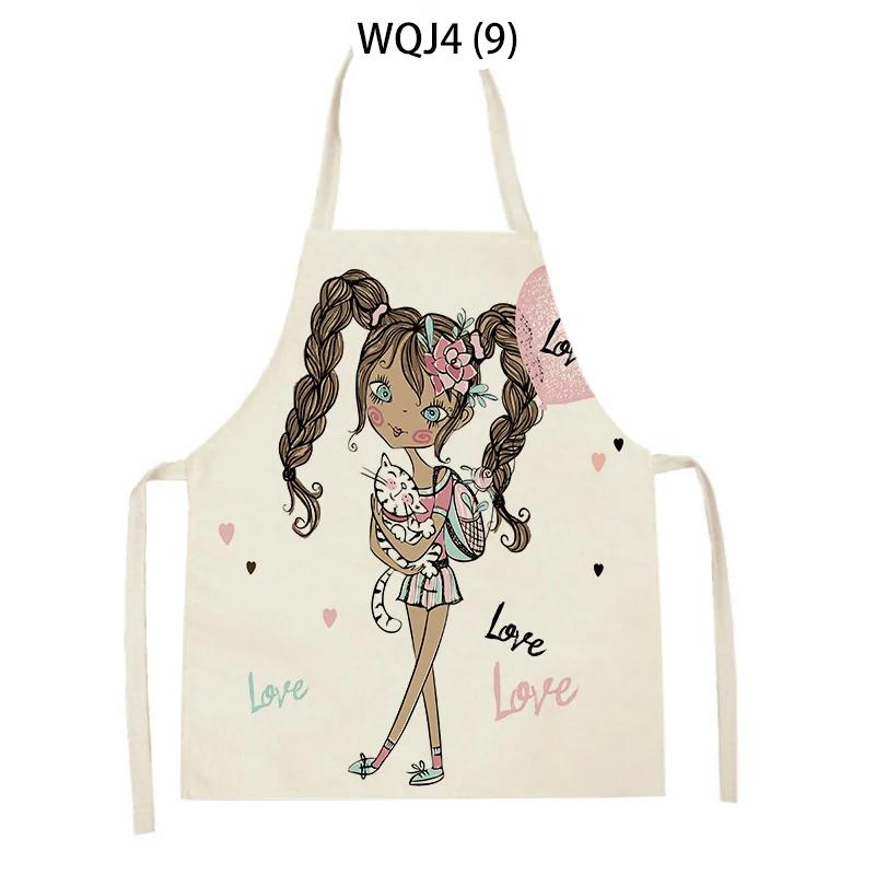 Lovely Cartoon Girl Pattern Linen Sleeveless Kitchen Aprons Women Men Home Cooking Baking Waist Bib Pinafore Antifouling Apron