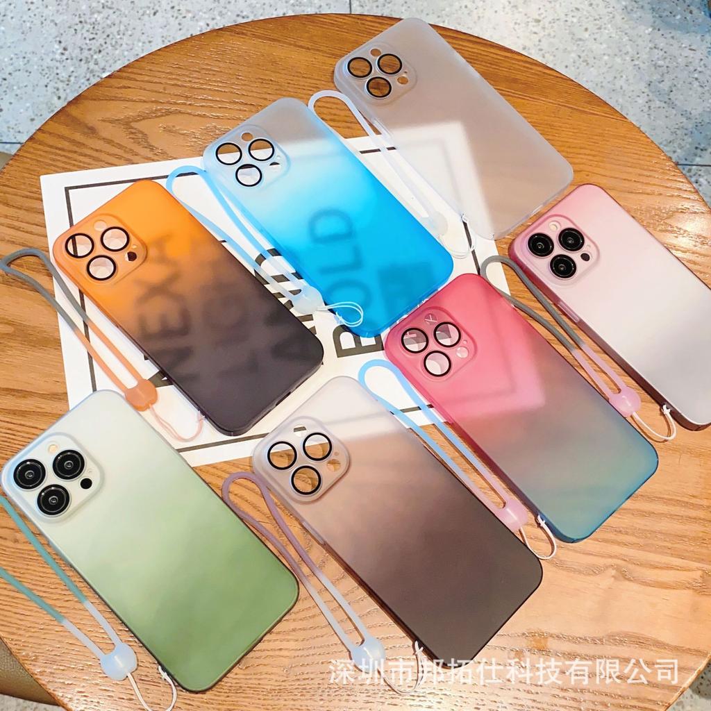 iPhone 15 Gradient Frosted Skin-Feel Full-Cover PC Hard Shell Case with Lanyard - Apple 14 Anti-Fall Protective Cover.