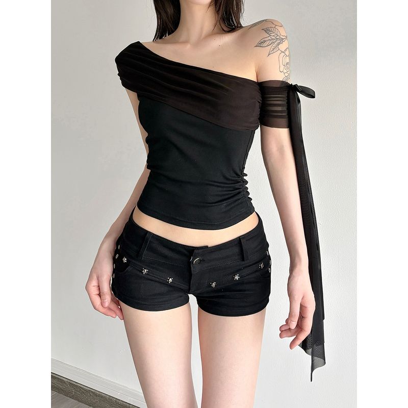 H Home European and American Women's Clothing Cool Fancy Oblique Shoulder Ribbon Design Tops Asymmetrical Ruched Pure Color Dancing T-shirt