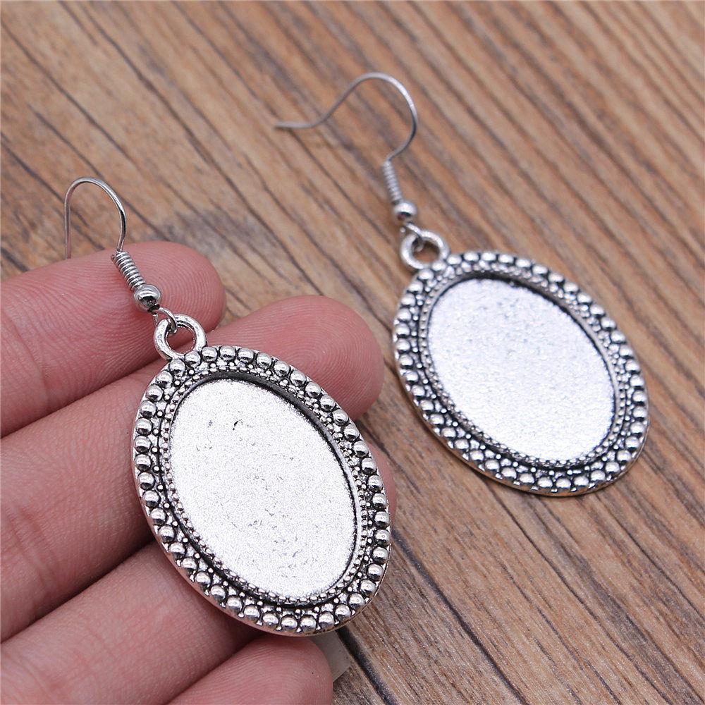 Drop & Dangle Earring Oval Ear Hook Glass Cabochon Base Setting Tray Vintage Jewelry SuppliesEarring Size 18x19mm QE017