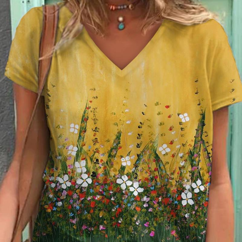 Sommer 3D-Druckmuster Locker Lässig V-Ausschnitt Kurzarm T-Shirts Damen