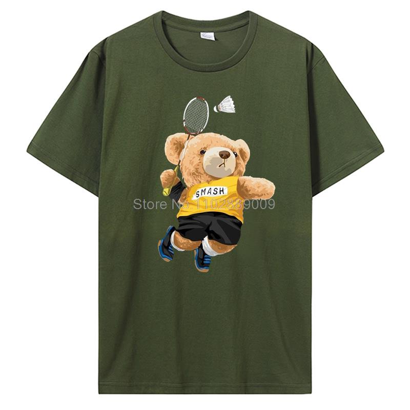 Teddy Bear Playing Badminton Tshirt Exercise Clothing T-shirt Graphics Kawaii Men Women Short Sleeve Printed T Shirt Top Tees
