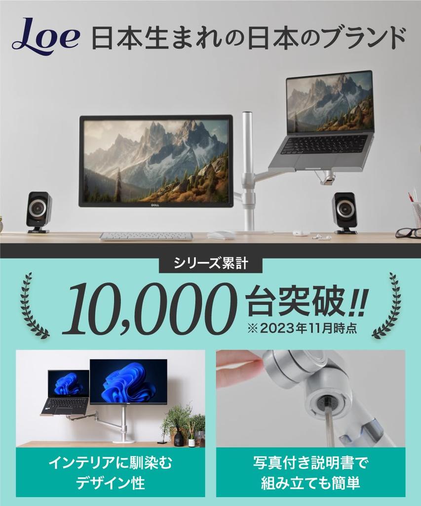 LOE Dual Monitor Arm Laptop 2 Screens Vertical Top and Bottom Layout Liquid Tab Long Easy To Assemble LOLL3L White X Silver