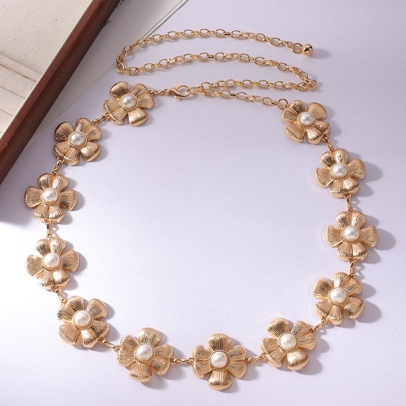 Floral Pearl Metal Waist Chain With Carved Flower Design For Women Spring Summer Fashion