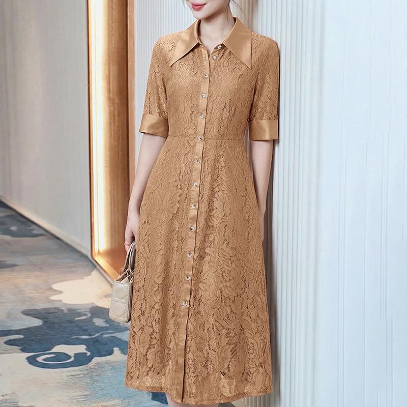 ZANZEA Women Casual Turn Down Collar Short Sleeve Lace Patchwork Elegant Dress M хаки