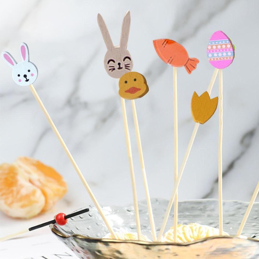 

100Pcs/Set Disposable Cocktail Picks Easter Fruit Salad Bamboo Sticks Easter Party Decoration D