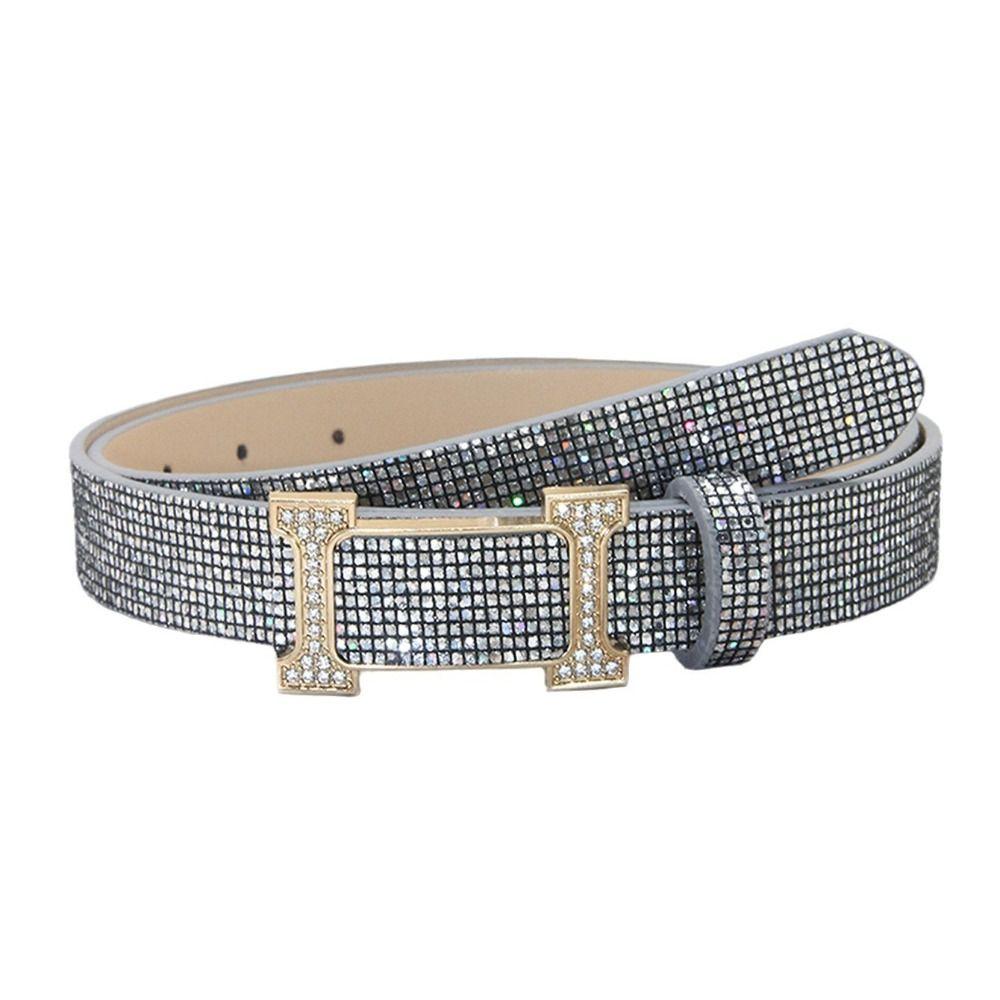 Glitter PU Leather Belt Bling Bling Slide Buckle Belt Vintage Trendy Waistband  Women