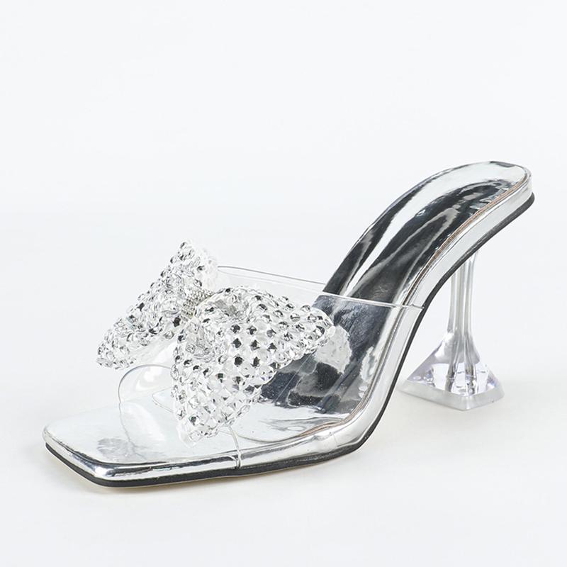 PVC Transparent Slippers for Women Crystal Mesh Butterfly Knot Summer Sandals Clear High Heels Party Prom Shoes