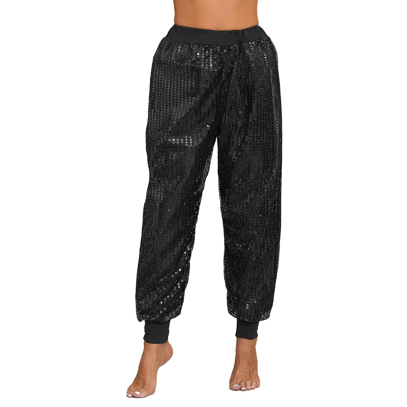 

Жіночий блискучий костюм з паєтками, хіп-хоп, джаз, танцювальний костюм, блискучі шаровари, штани, клубний одяг, штани-шаровари M чорний