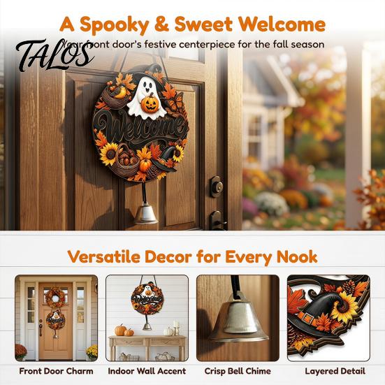 Fall Wall Hanging Ornament Halloween Pumpkin Ghost Wooden Welcome Door Hanger Sign, Cute with Bell Theme Plaque Rope, Decor for Indoor Outdoor