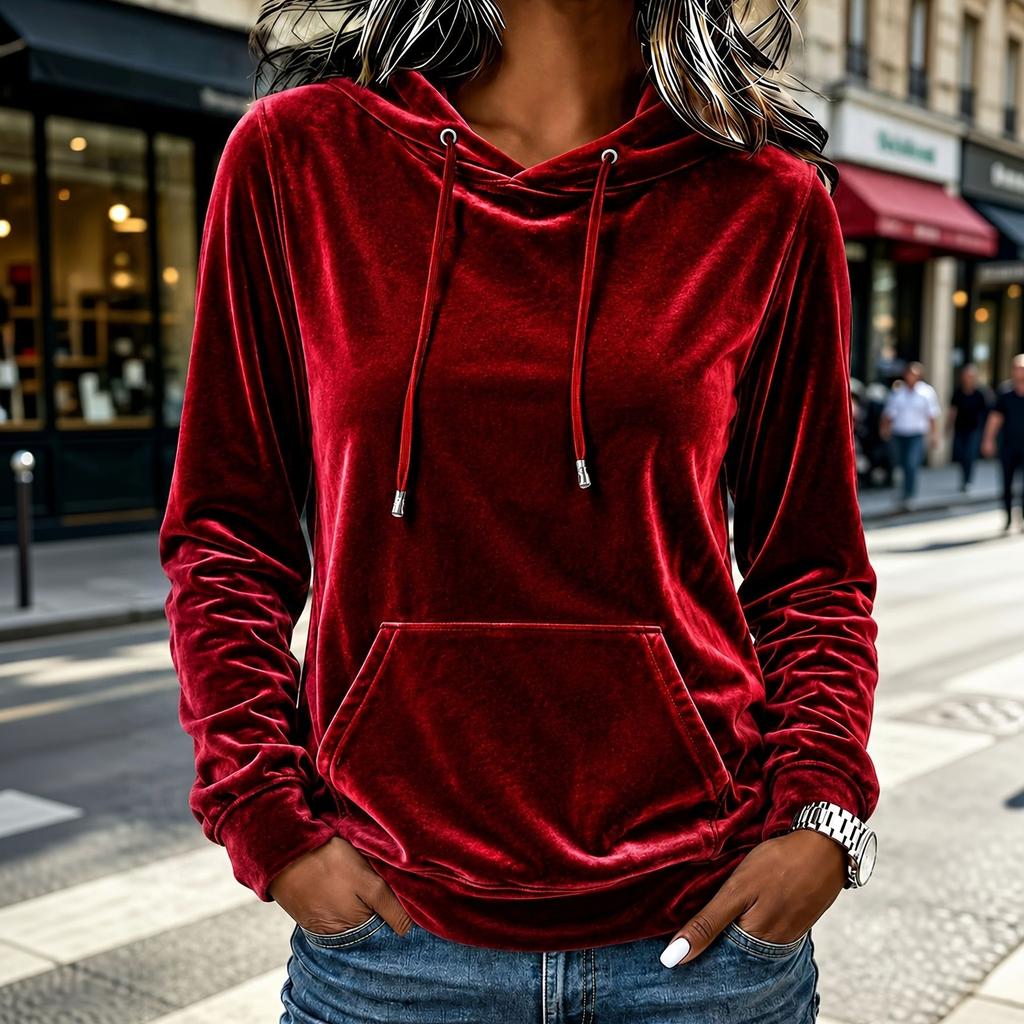 Women's Velvet Hoodie Long Sleeve Casual Pullover Sweatshirt in