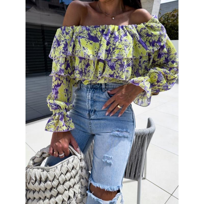 New Spring Off-the-shoulder Floral Printed Layer Ruffled Women Blouse Sexy Long Sleeve One-word Collar Shirt Sweet Loose Casual Tops Clothing