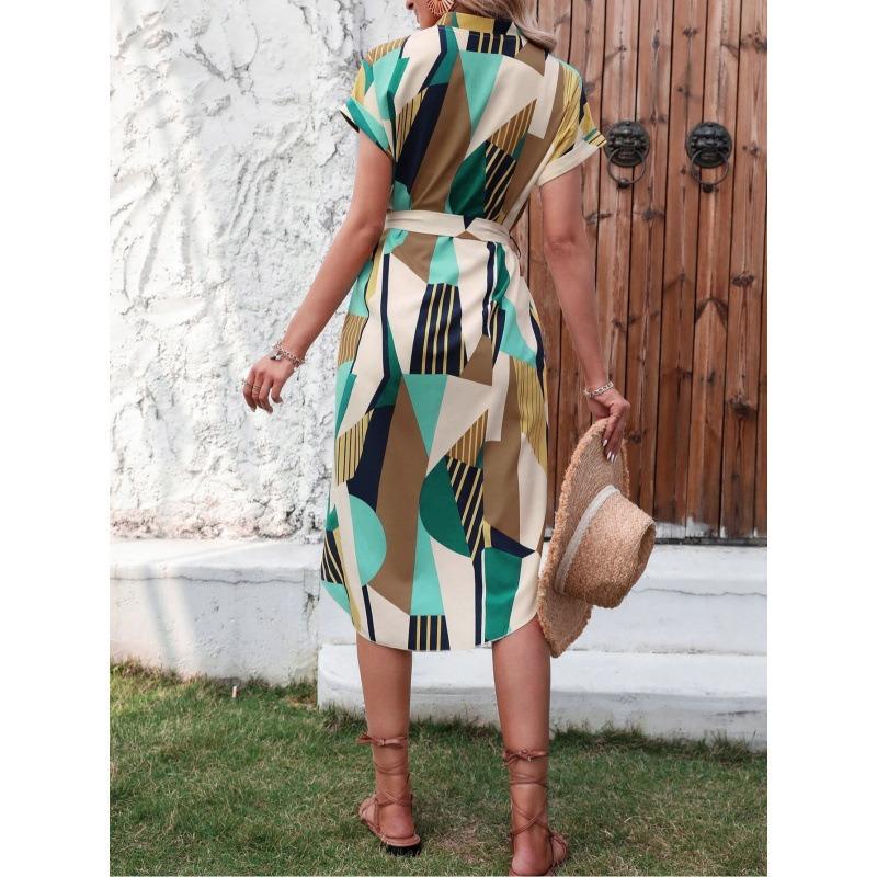Women Geometric Print Dress V Neck Short Sleeve Waist Tie Casual Midi Dress Vacation Wear