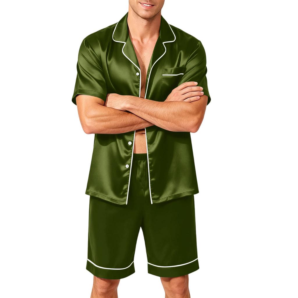 Men's Short Sleeve Pajama Set Button Down Shirt with Curved Hem and Matching Shorts Soft Lightweight Lounge Sleepwear S-XXXXL