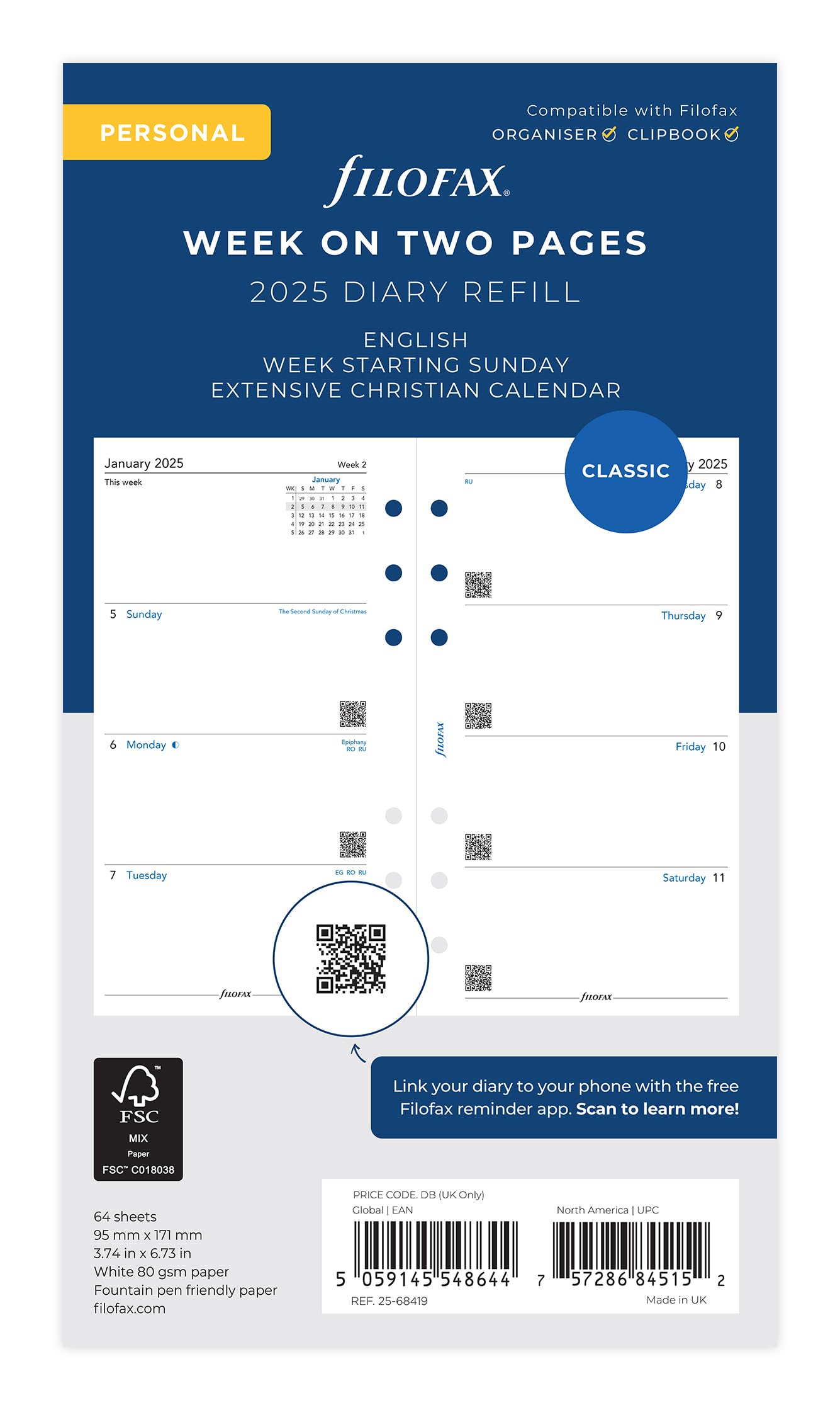 

Сменный блок для системы Filofax, 2025, начало в январе, неделя на развороте, белый, 25-68419, официально импортировано