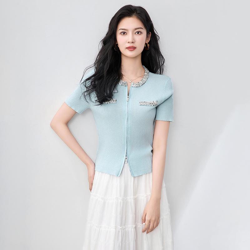 Heavy Industry Beaded Sequin Double Zipper Knit Cardigan - Short Sleeve Tencel