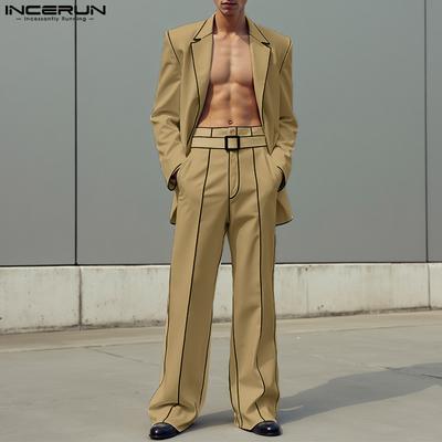 Autumn Oversized Two Pieces Outfits Men Stitching Long Sleeve Blazer Long Straight Pants Sets